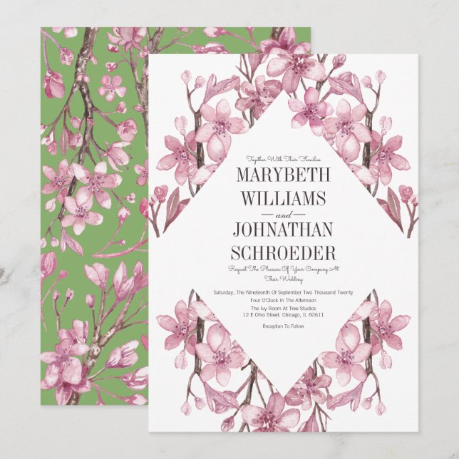 Invitación Boda de marco floral con flores de cerezo rosa (Anverso / Reverso)