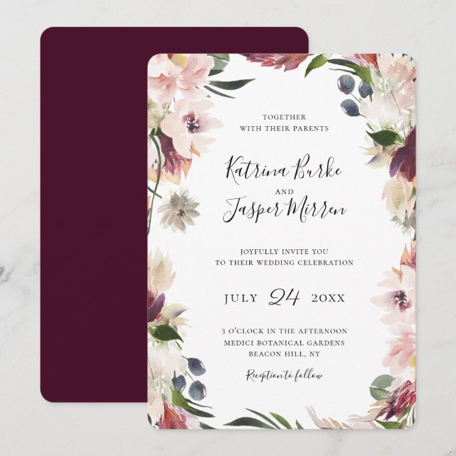 Invitación Boda de marco floral de ciruela de Rubor (Anverso / Reverso)