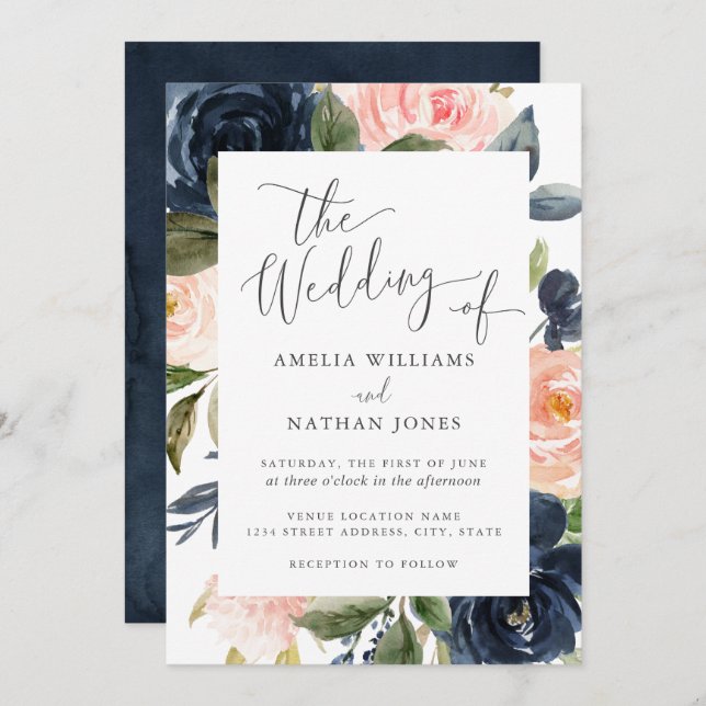 Invitación Boda de marco floral de la marina de Rubor (Anverso / Reverso)