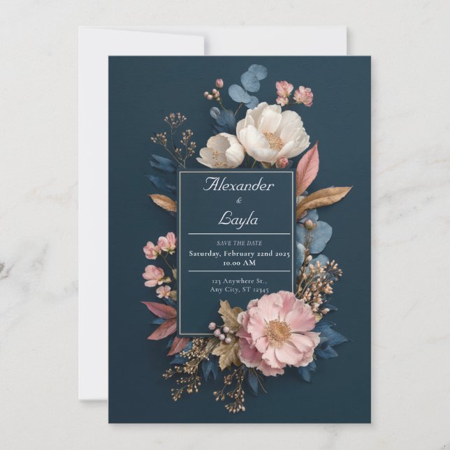 Invitación Boda de marco floral de la marina y Rubor (Anverso)