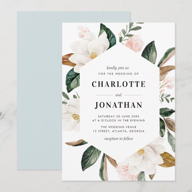 Invitación boda de marco floral de magnolia acuarela moderna (Anverso / Reverso)