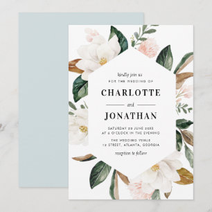Invitación boda de marco floral de magnolia acuarela moderna