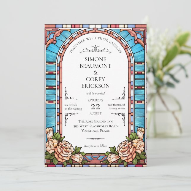 Invitación Boda de marco floral de vidrio templado (Anverso de pie)