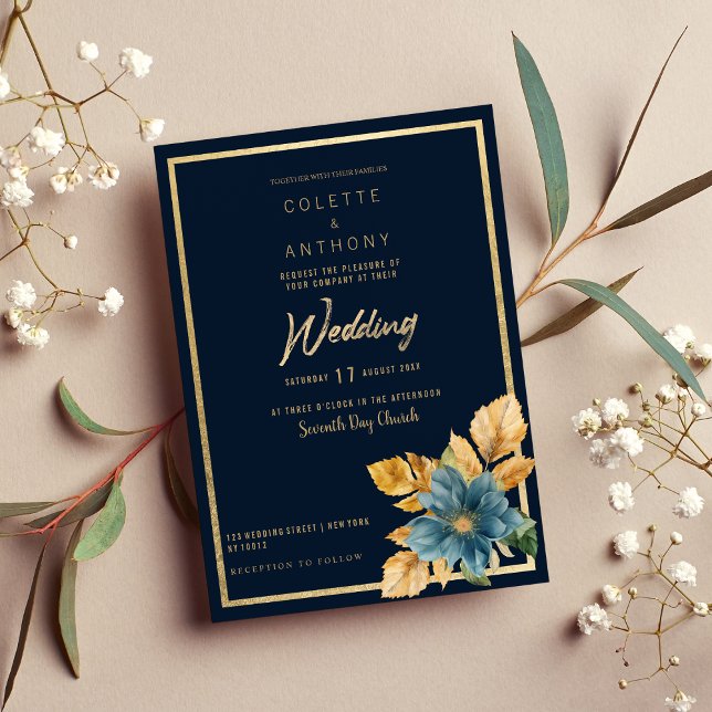 Invitación Boda de marco floral elegante dorado azul marino (Navy blue gold green elegant floral frame Wedding )