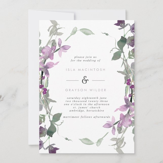 Invitación Boda de marco floral laminado y púrpura (Anverso)