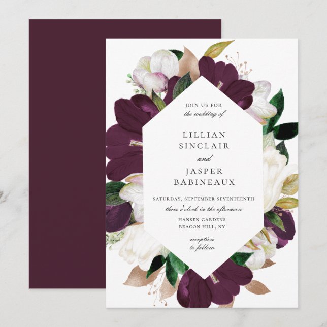 Invitación Boda de marco floral marfil de ciruela blanca (Anverso / Reverso)