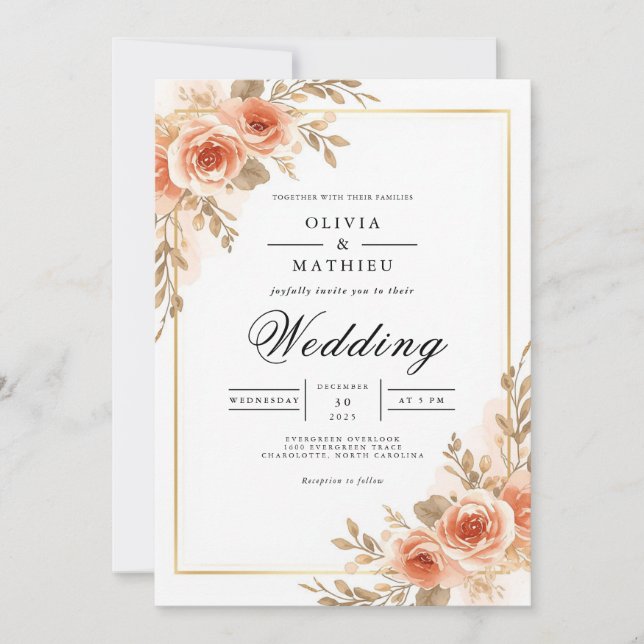 Invitación Boda de Marco Floral Melocotón Rosado (Anverso)