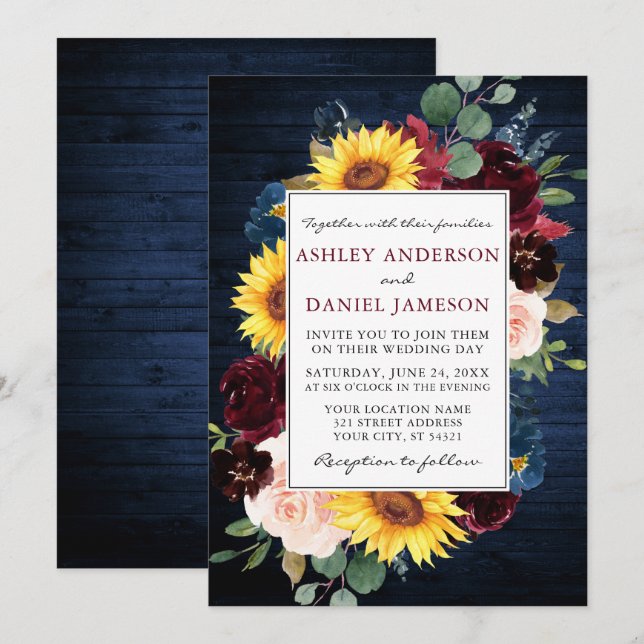 Invitación Boda de marco floral mixto de madera azul rústica (Anverso / Reverso)