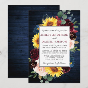 Invitación Boda de marco floral mixto de madera azul rústica