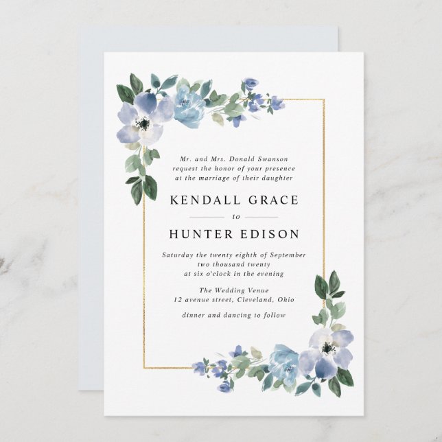 Invitación boda de marco floral pintado de azul y verde (Anverso / Reverso)