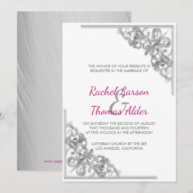 Invitación Boda de marco floral plateado (Anverso / Reverso)