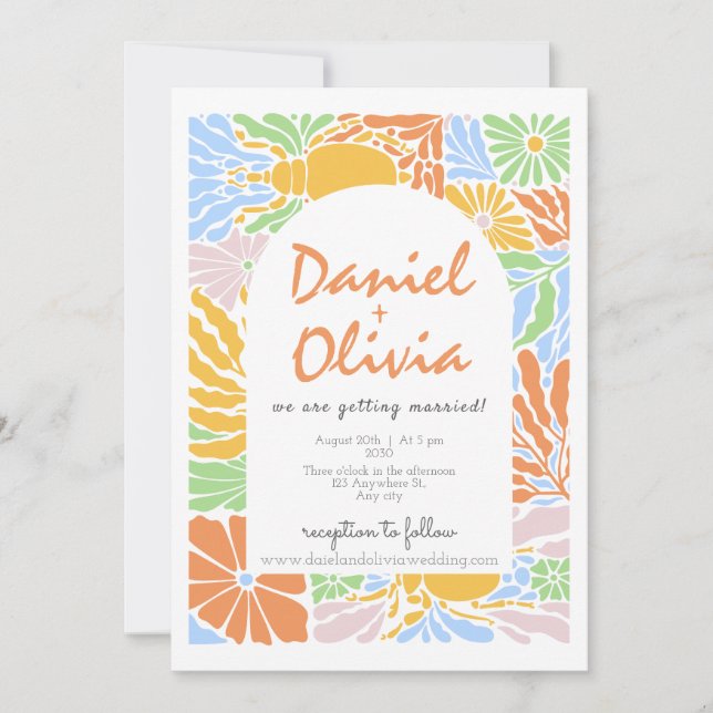 Invitación Boda de marco floral retro colorido (Anverso)