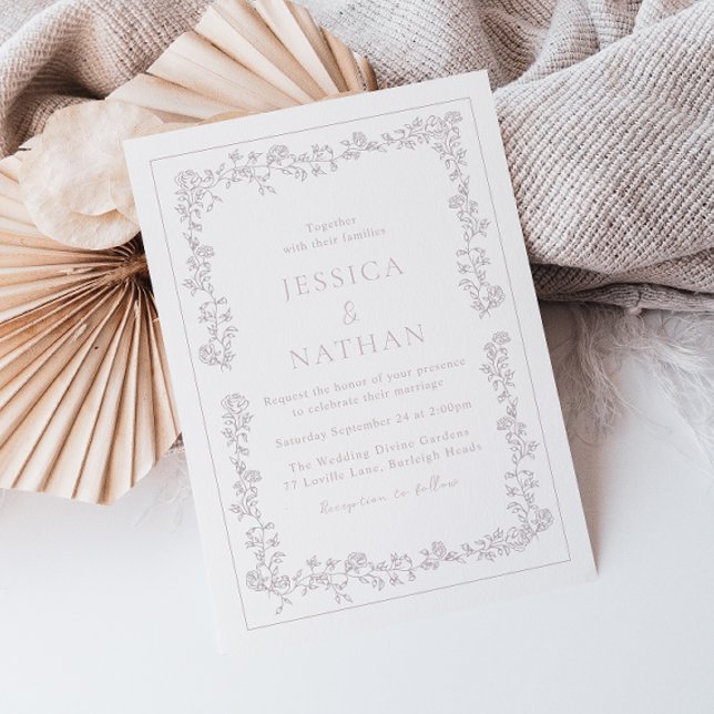Invitación Boda de marco floral rosado elegante y polvoriento (Subido por el creador)