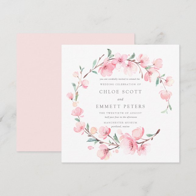 Invitación Boda de marco floral Rubor Pink Cherry Blossom (Anverso / Reverso)