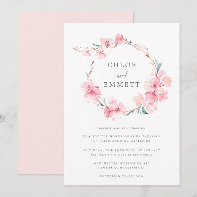 Invitación Boda de marco floral Rubor Pink Cherry Blossom (Anverso / Reverso)