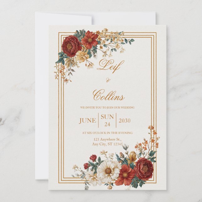 Invitación Boda de marco floral rústico (Anverso)