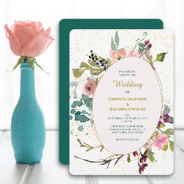 Invitación Boda de marco floral Verde azulado rosa y ovalado 