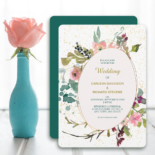 Invitación Boda de marco floral Verde azulado rosa y ovalado