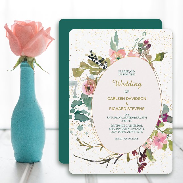 Invitación Boda de marco floral Verde azulado rosa y ovalado  (Subido por el creador)