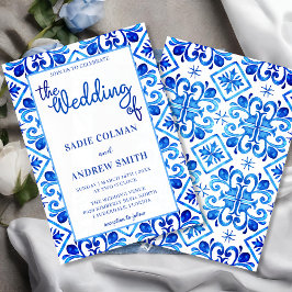 Invitación Boda de marco fotográfico floral blanco y azul de 