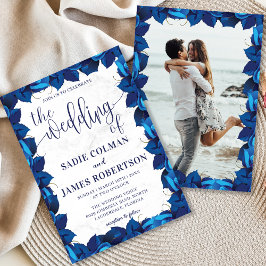 Invitación Boda de marco fotográfico floral blanco y azul de 