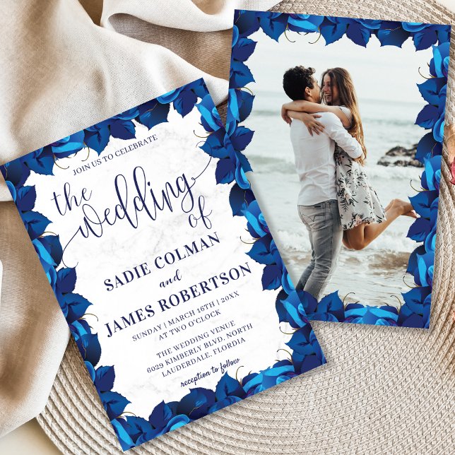 Invitación Boda de marco fotográfico floral blanco y azul de  (Subido por el creador)