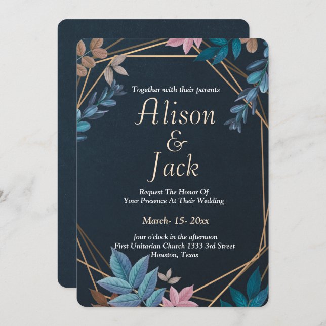 Invitación Boda de marco geométrico botánico moderno (Anverso / Reverso)