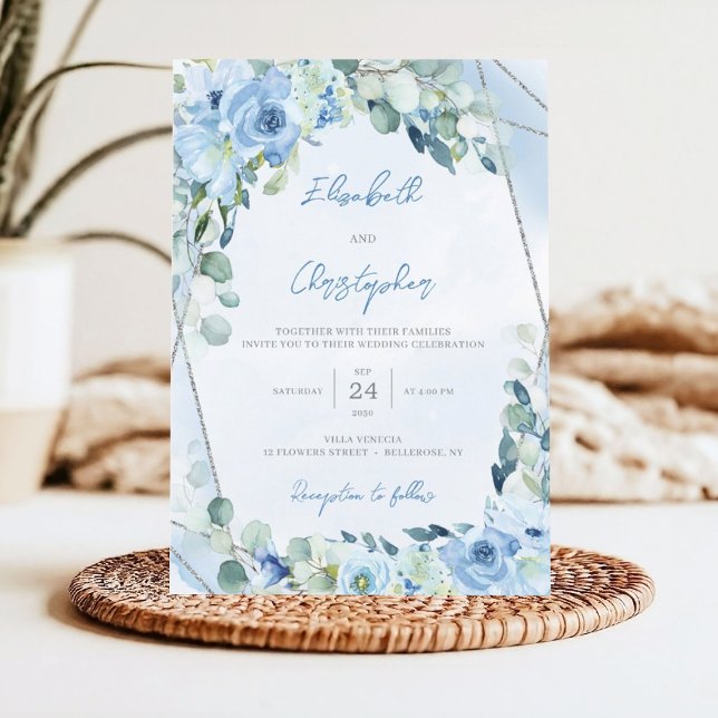 Invitación Boda de marco geométrico con floral dorado azul tu (Winter blue flowers mixed eucalyptus greenery and silver glitter frame wedding invitation)