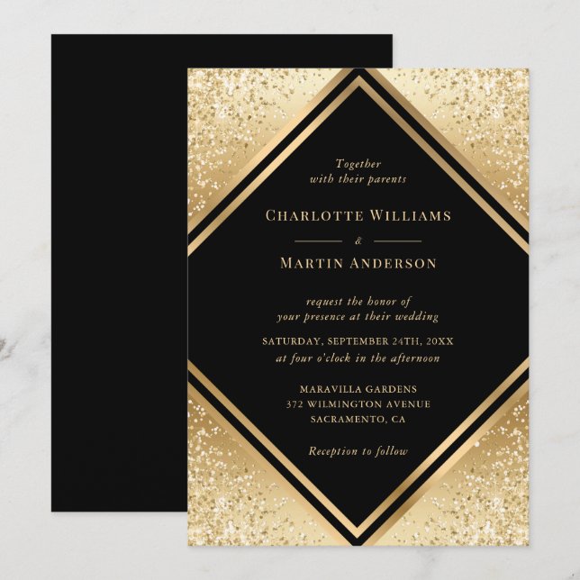 Invitación Boda De Marco Geométrico De Confetti De Oro Negro (Anverso / Reverso)
