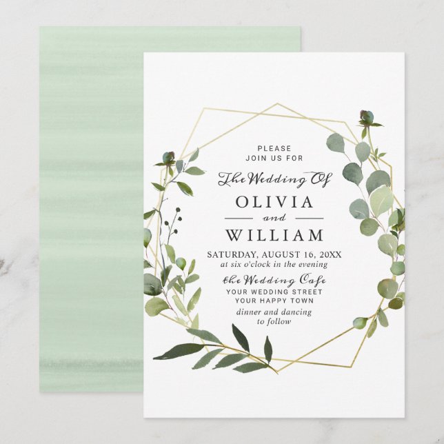 Invitación Boda de marco geométrico de follaje de eucalipto m (Anverso / Reverso)