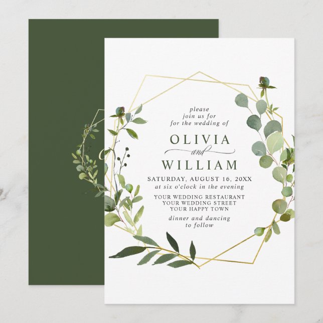 Invitación Boda de marco geométrico de follaje de eucalipto m (Anverso / Reverso)