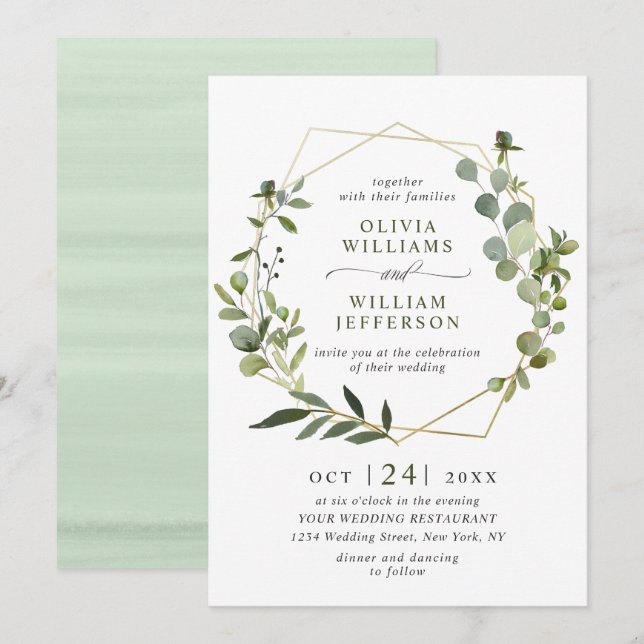 Invitación Boda de marco geométrico de follaje de eucalipto m (Anverso / Reverso)