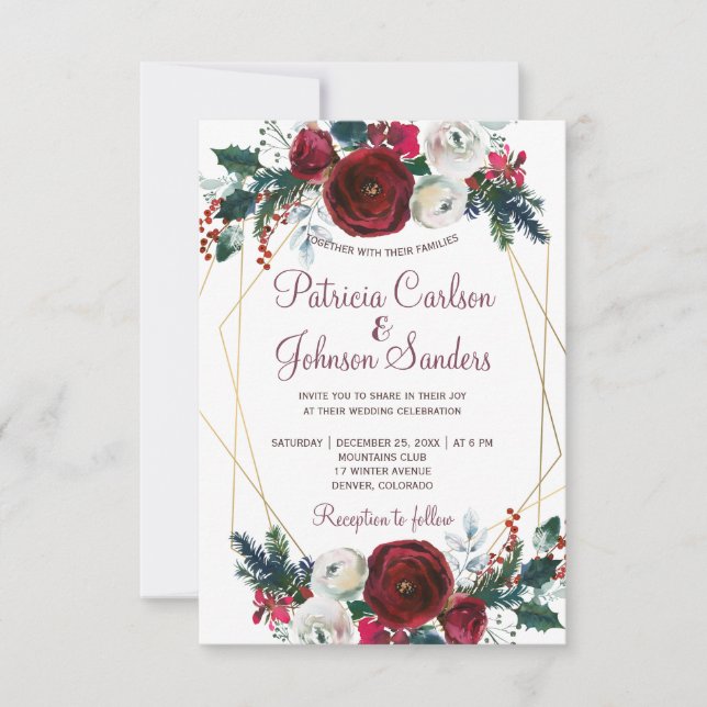 Invitación Boda de marco geométrico de oro de las peonías bur (Anverso)