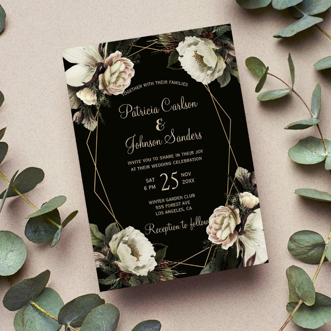 Invitación Boda de marco geométrico de oro floral de invierno (Subido por el creador)