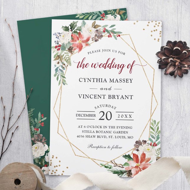 Invitación Boda de marco geométrico de oro floral de Poinsett (Subido por el creador)