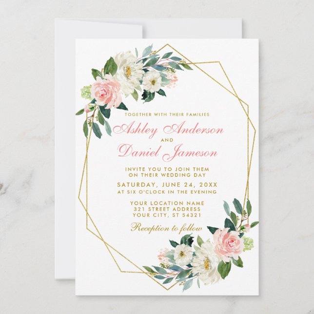Invitación Boda de marco geométrico de oro floral rosado mode (Anverso)