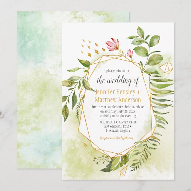 Invitación Boda de marco geométrico de oro verde rosado botán (Anverso / Reverso)