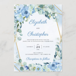 Invitación Boda de marco geométrico Dusty Blue Floral Gold