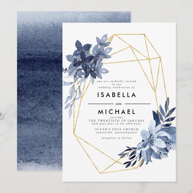 Invitación Boda de marco geométrico Dusty Blue Floral Gold (Anverso / Reverso)