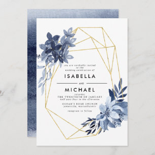 Invitación Boda de marco geométrico Dusty Blue Floral Gold