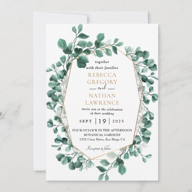 Invitación Boda de marco geométrico Eucalyptus Greenery Gold (Anverso)