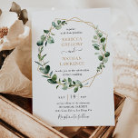 Invitación Boda de marco geométrico Eucalyptus Greenery Gold<br><div class="desc">Esta elegante y personalizable Invitación a la Boda presenta un marco geométrico de oro adornado con hojas de eucalipto de acuarela húmeda y se ha combinado con una caligrafía caprichosa y un tipo de letra serif elegante en oro y gris. Para realizar cambios avanzados, seleccione la opción "Hacer clic para...</div>