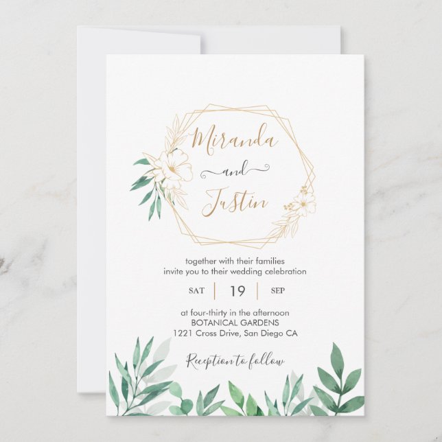Invitación Boda de marco geométrico Eucalyptus Greenery Gold (Anverso)