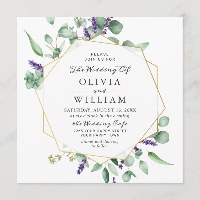 Invitación Boda de marco geométrico Eucalyptus Lavender moder (Anverso)