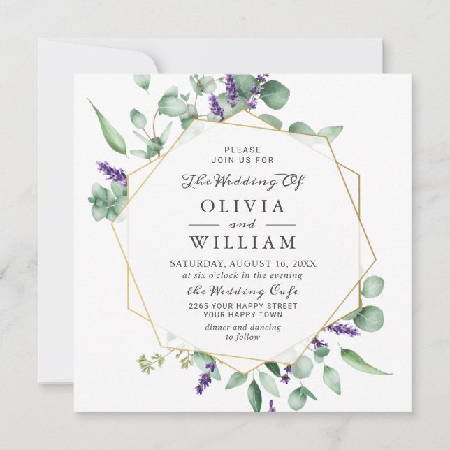 Invitación Boda de marco geométrico Eucalyptus Lavender moder (Anverso)