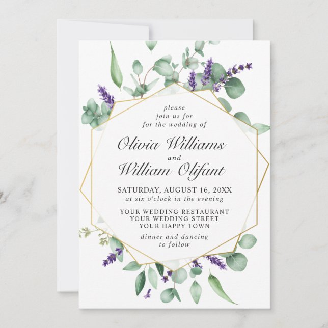 Invitación Boda de marco geométrico Eucalyptus Lavender moder (Anverso)
