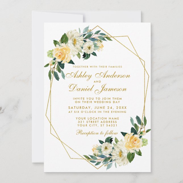 Invitación Boda de marco geométrico floral amarillo dorado mo (Anverso)