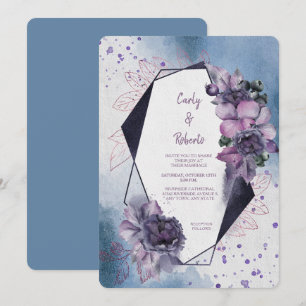 Invitación Boda de marco geométrico moderno con flor azul vio