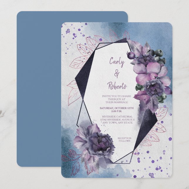 Invitación Boda de marco geométrico moderno con floral violet (Anverso / Reverso)