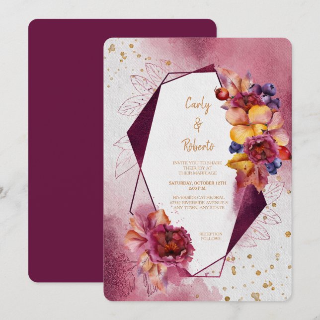 Invitación Boda de marco geométrico moderno con flores rosada (Anverso / Reverso)